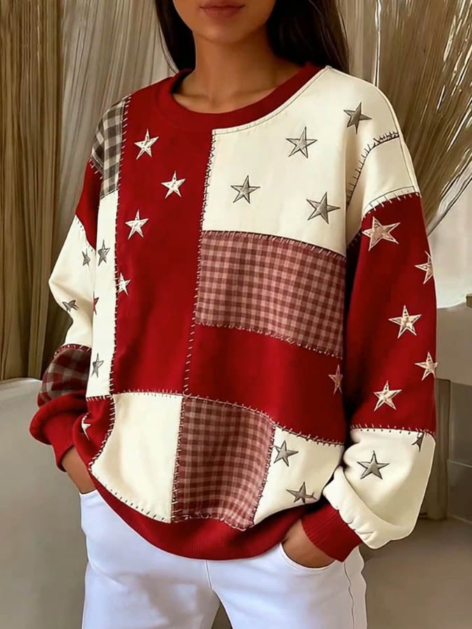 Women'S Casual Round Neck Contrast Color Stitching Plaid Sweatshirt