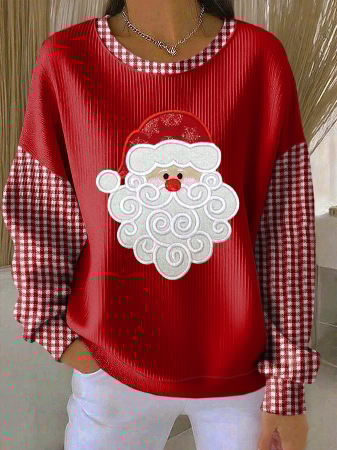 Women's Santa Claus Print Knitted Crew Neck Long Sleeve Top