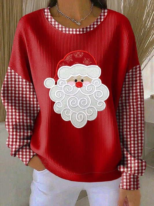 Women's Santa Claus Print Knitted Crew Neck Long Sleeve Top