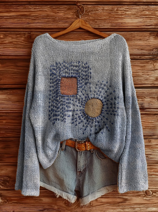 Women's Ethnic Square Circle Pattern Art Print Casual Pullover Sweater
