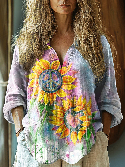 Women's Sunflower Hippie Flower Art Print Casual Linen V-neck Shirt