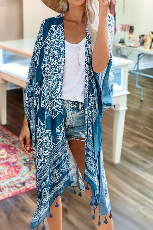 Beach Vacation Print Tassel Cardigan