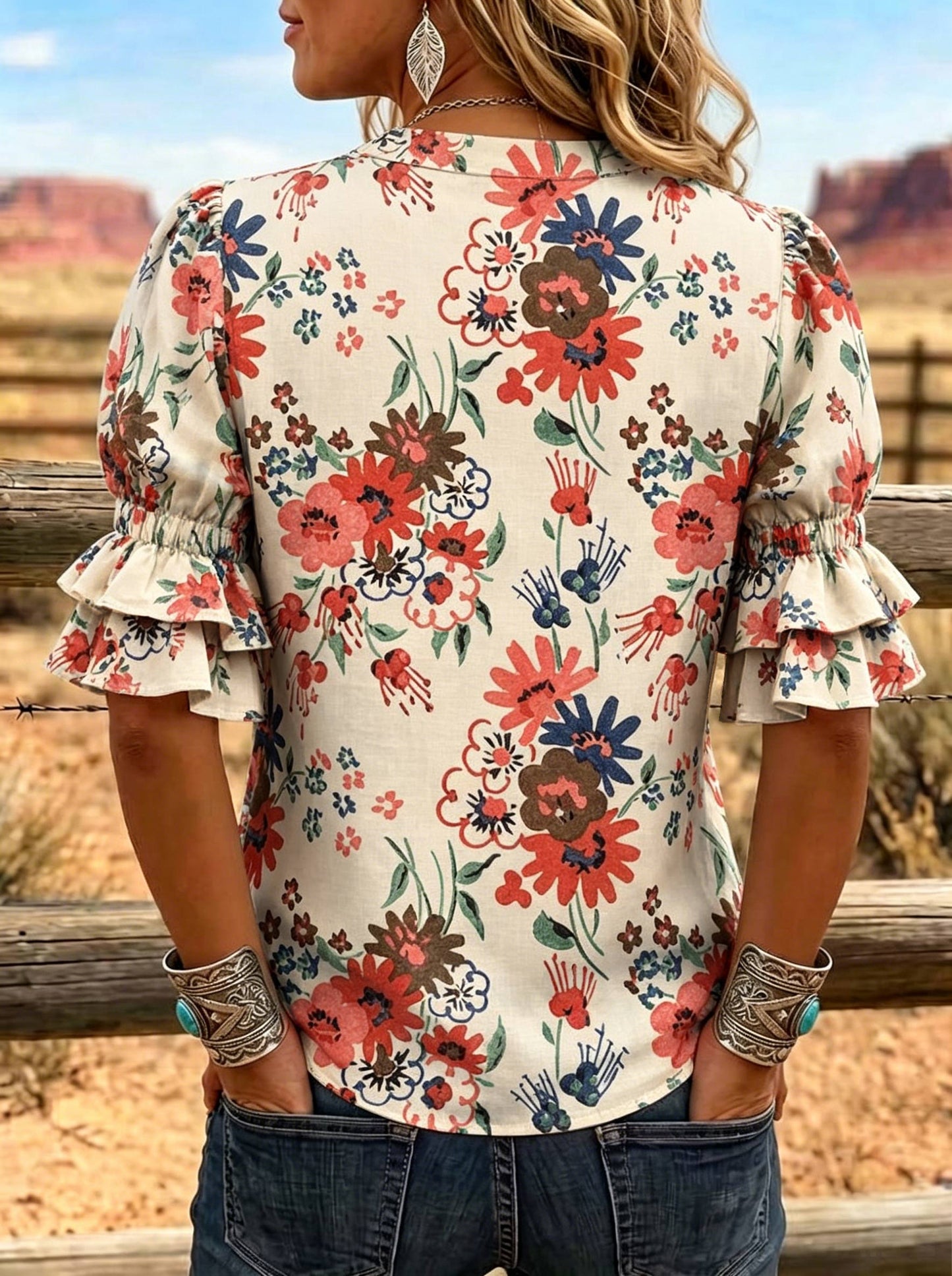 Women's Floral Print Puff Sleeve Casual Shirt