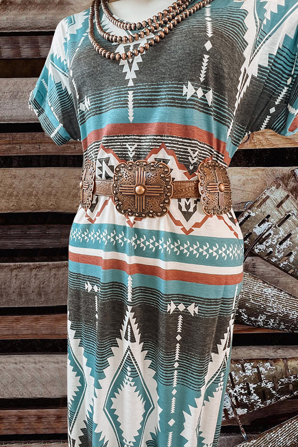 Vintage Western Aztec Print T-Shirt Long Dress