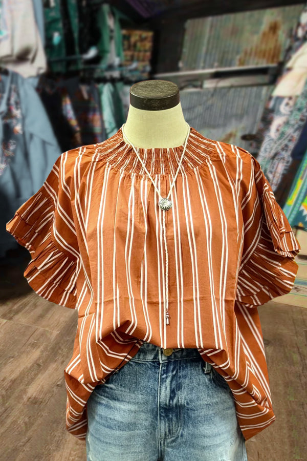 Casual Striped Flutter Sleeve Top