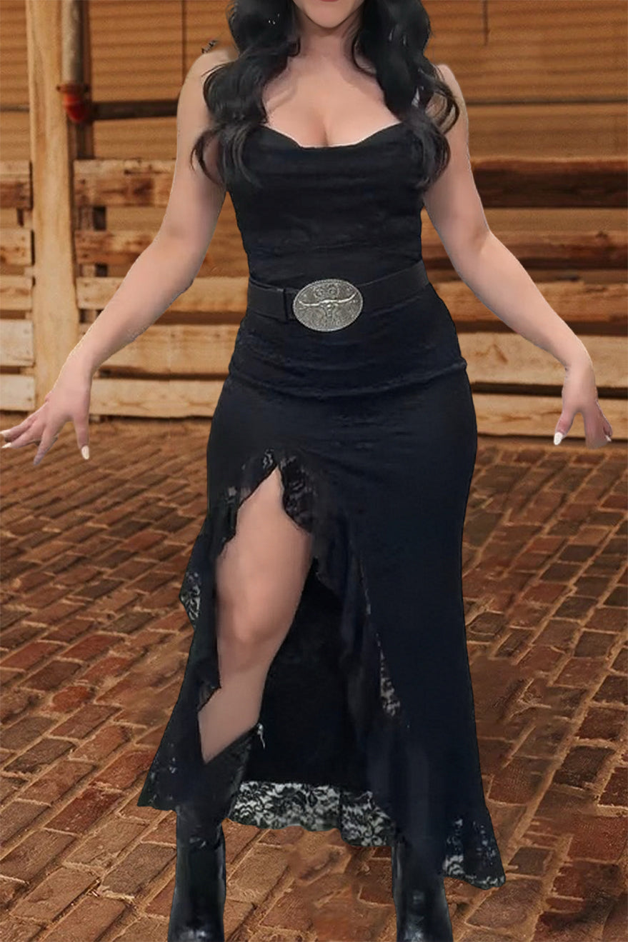 Pretty Lace Ruffled Slit Dress