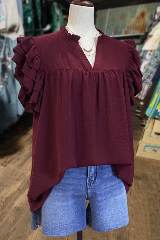 Solid V-Neck Ruffle Sleeve Top