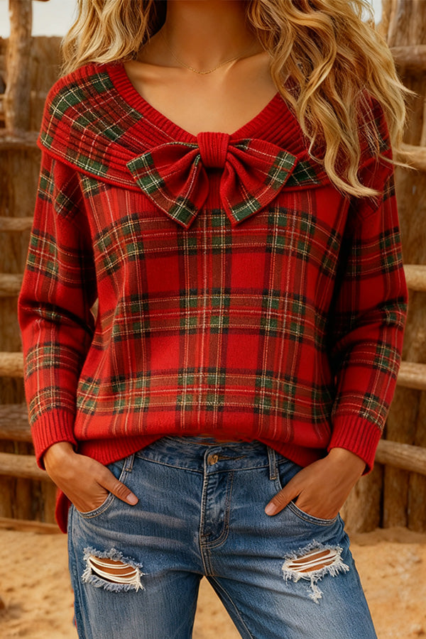 Casual Plaid Bow Detailed Sweater