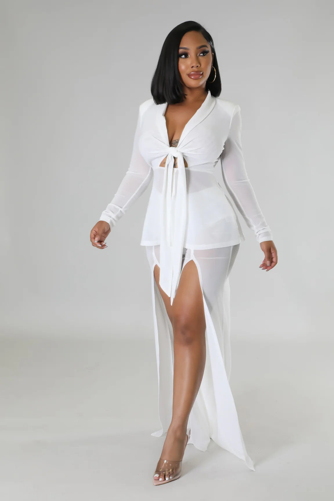 Waist-Controlled Lace-up Xiaoxi Fashion Sexy Solid Color Long Sleeve Slit Two-Piece Set