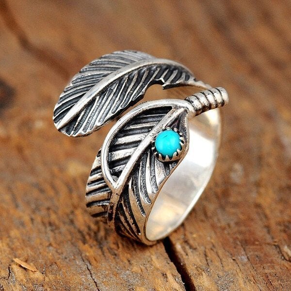 🔥Last Day 75% OFF🎁Boho Feather Turquoise Adjustable Ring