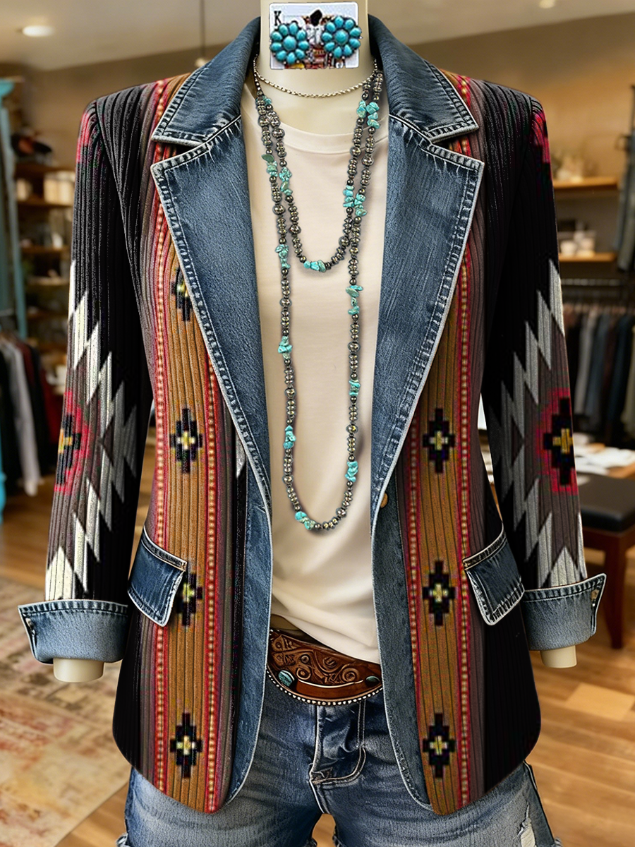 Vintage Aztec Art Print Patchwork Denim Sweater Cardigan Coat
