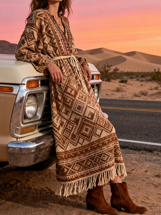Women's Boho Print V-Neck Tassel Maxi Dress