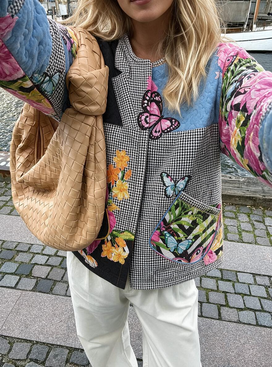 Butterfly Houndstooth Patchwork Quilted Jacket