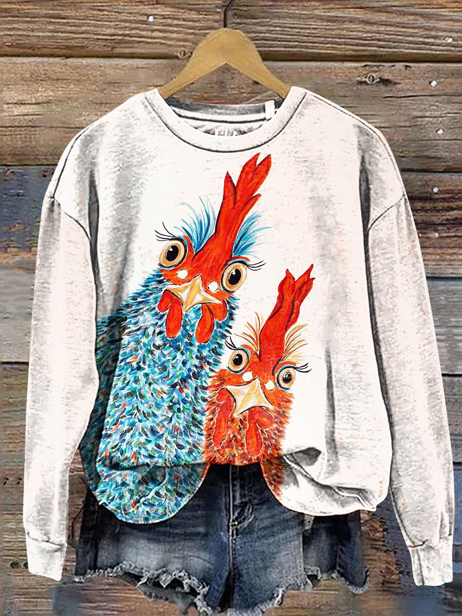 Vintage Chicken Art Prints Casual Cotton Sweatshirt