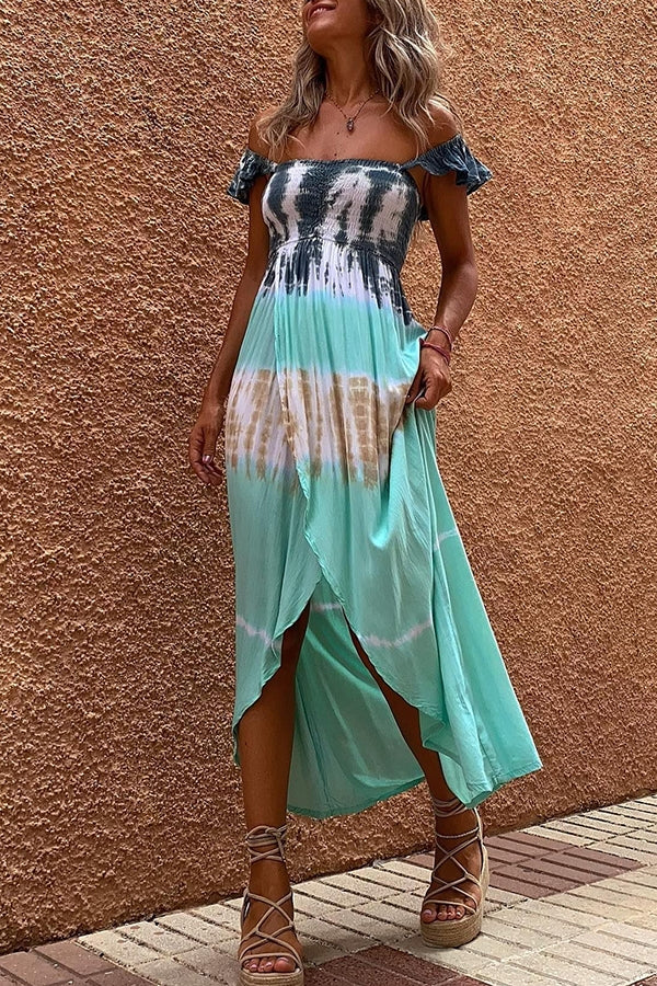 Off In Paradise Tie-dye Smocked Slit Maxi Dress