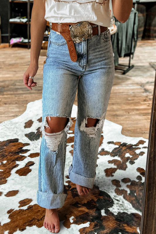 Vintage Washed Ripped Wide Leg Jeans