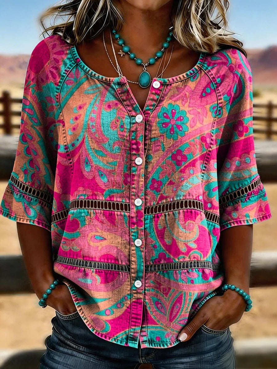 Vintage Art Print Casual Hollow-out Denim Shirt