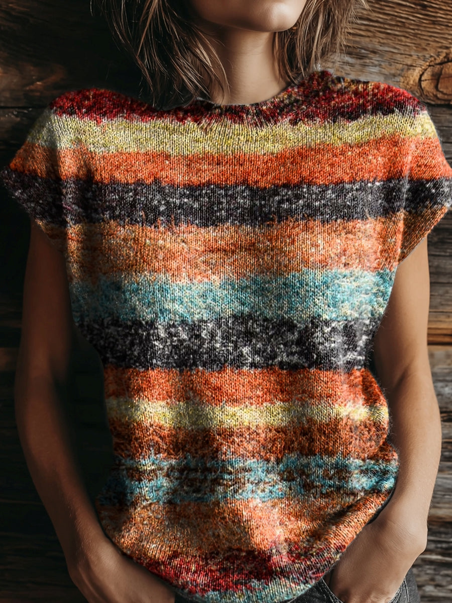 Women's Retro Stripes Print Casual Crew Neck Short Sleeve Knitted Sweater