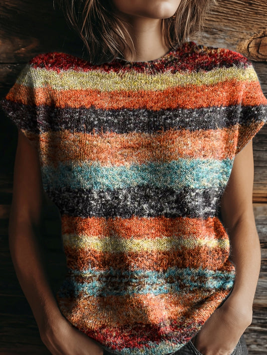 Women's Retro Stripes Print Casual Crew Neck Short Sleeve Knitted Sweater