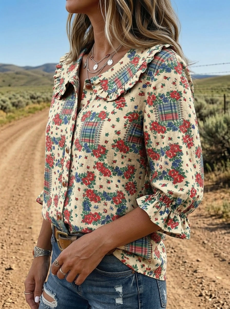 Vintage Rustic Floral Print Peter Pan Collar Shirt