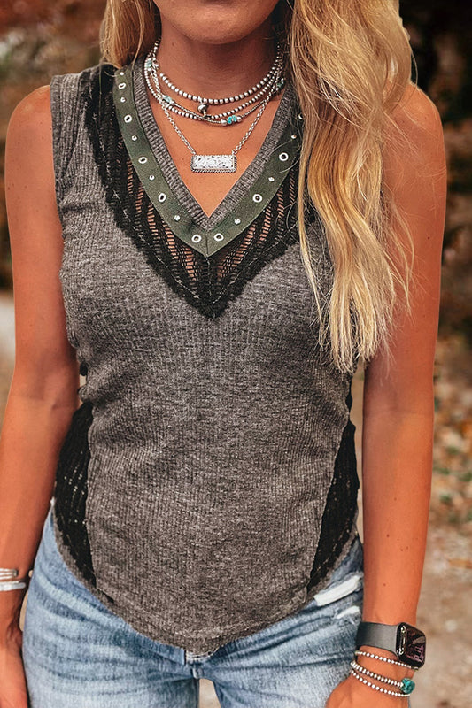 Lace Patchwork Studded Tank