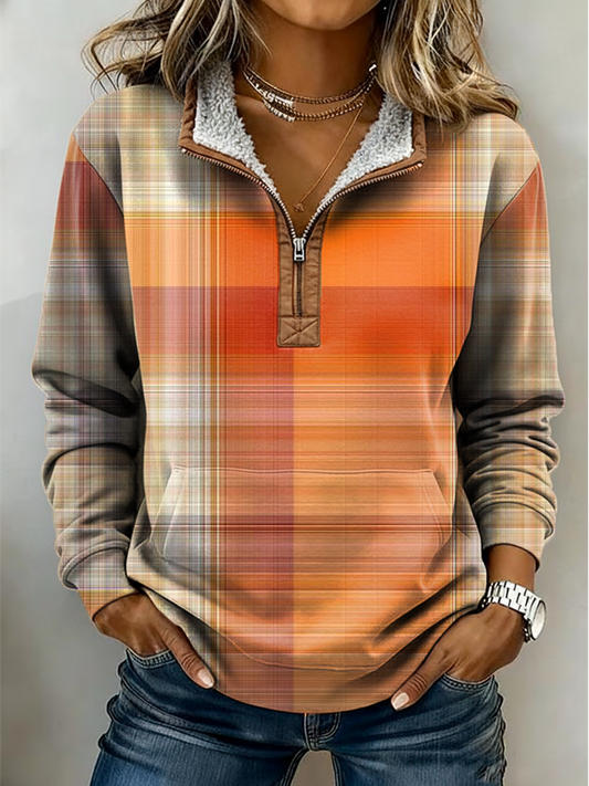 Women's Vintage Plaid Patterns Print Casual Color-blocked Casual Half-zip Cotton Sweatshirt