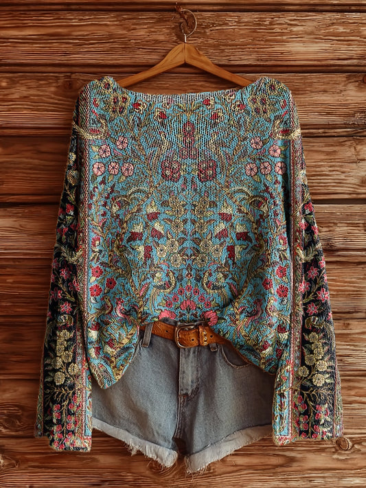 Women's Vintage Ethnic Floral Art Print Casual Pullover Sweater