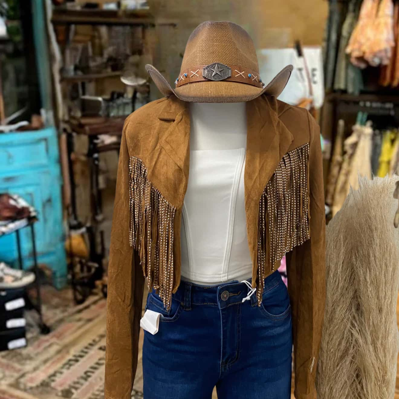 Brown Suede Jacket with Rhinestone Fringe