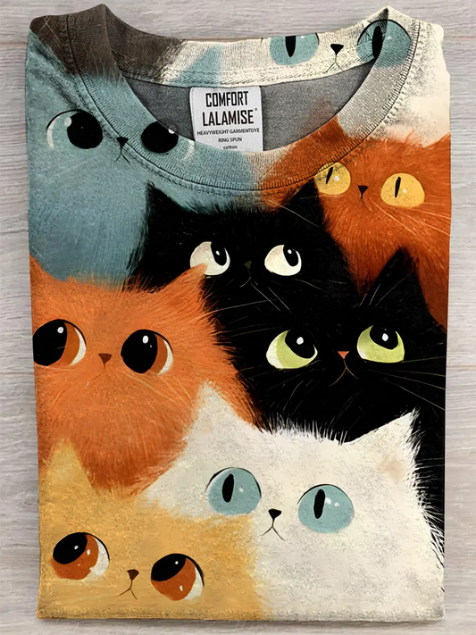 Retro Cat Fun Art Print Casual Pure Cotton Short Sleeved T-shirt