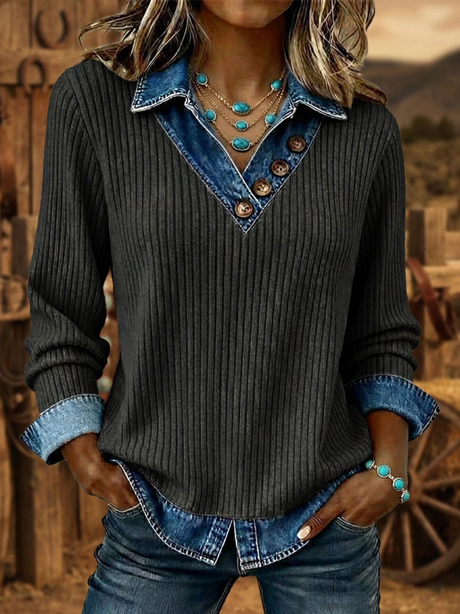Vintage Aztec Art Print Patchwork Denim Sweatshirt