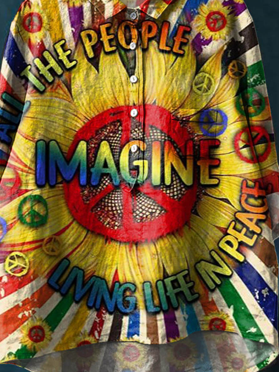 Vintage Peace And Love Imagine All The People Living Life In Peace Art Print Casual Cotton And Linen Shirt