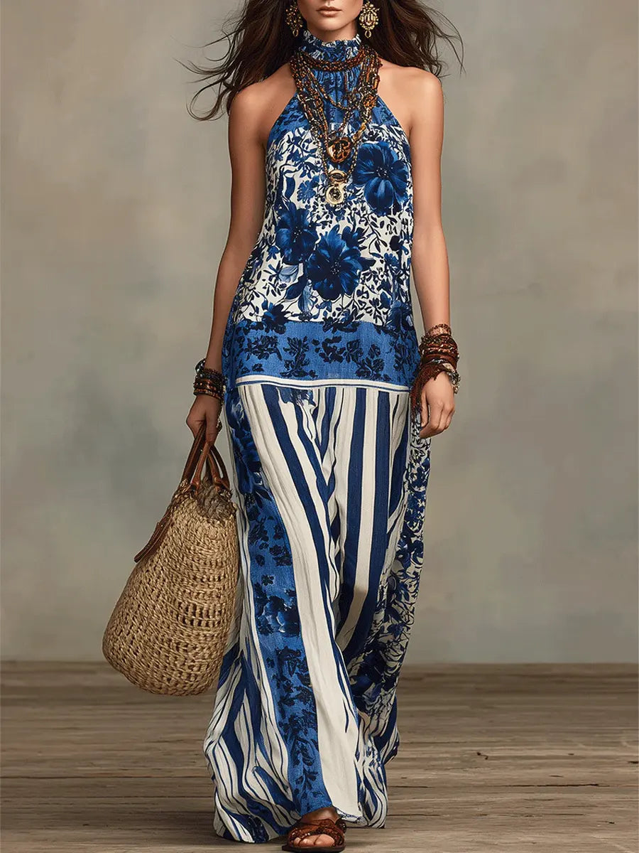 Women's Retro Ethnic Floral Pattern Art Print Casual Fashion Cotton Maxi Dress