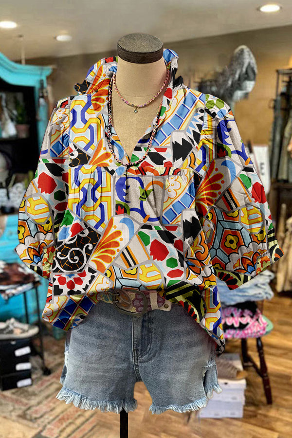 Chic Mardi Gras Print Puff Sleeve Blouse