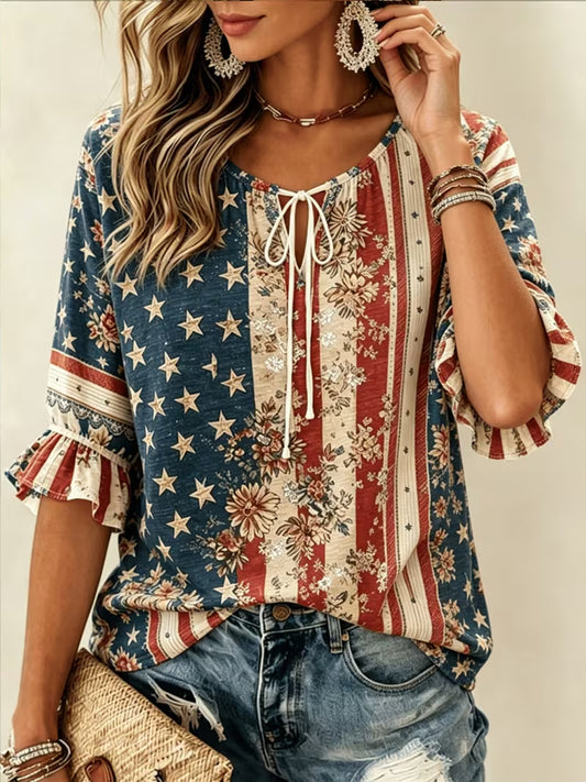 Women's Vintage American Flag Print Patchwork Casual Shirt