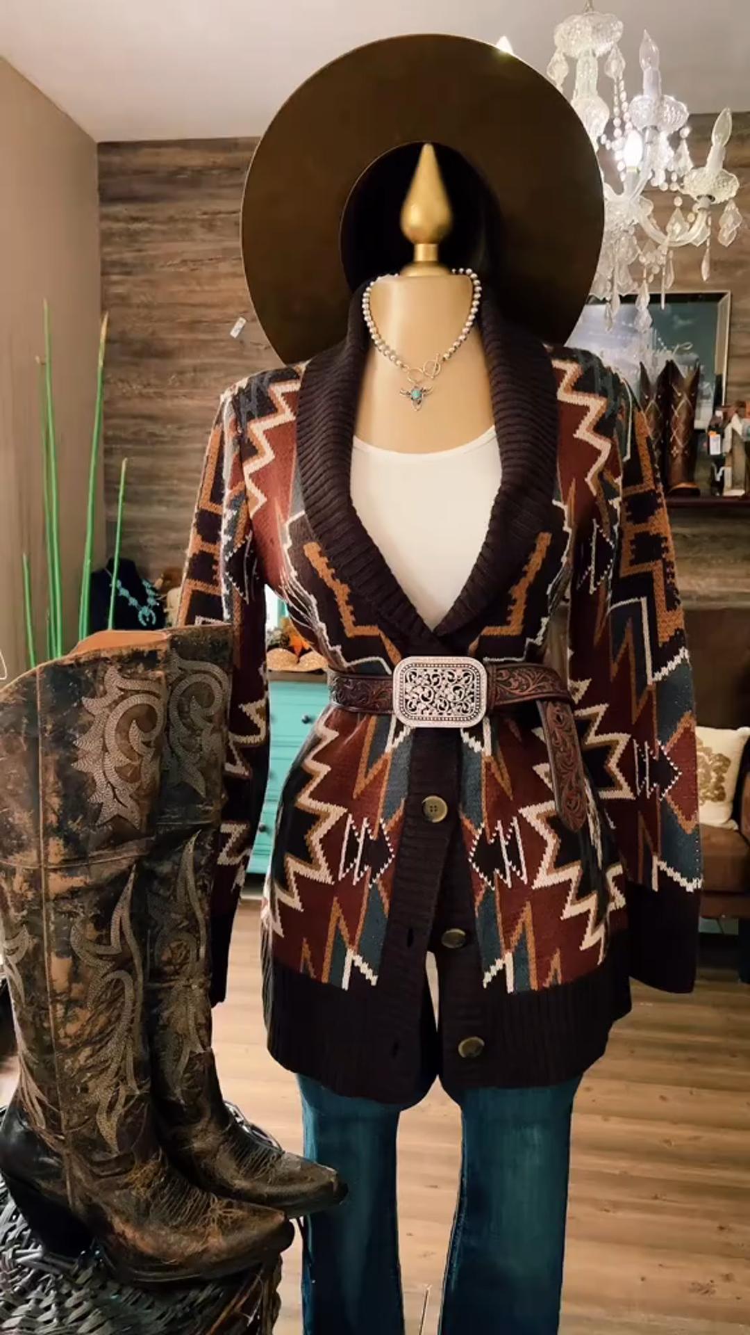 Casual Aztec Color Block Print Lapel Sweater Cardigan