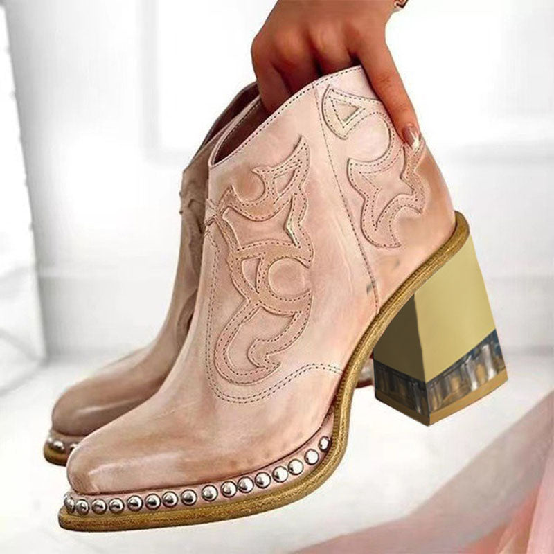 Embroidered Thick Heel Sewing Rivets Ankle Boots