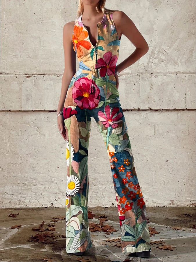 Women's Retro Back Hollow Flower Print Casual Cow Jumpsuit