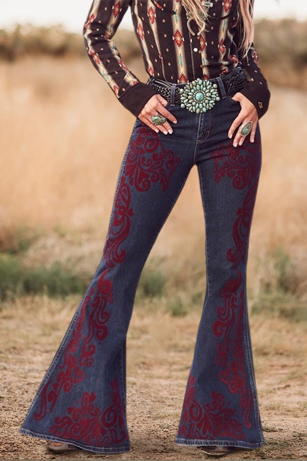 Retro Floral Pattern Flared Jeans