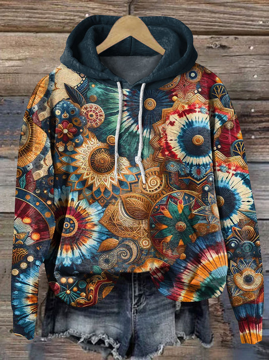 Vintage Floral Indigo Art Print Long Sleeve Casual Sweatshirt Hoodie