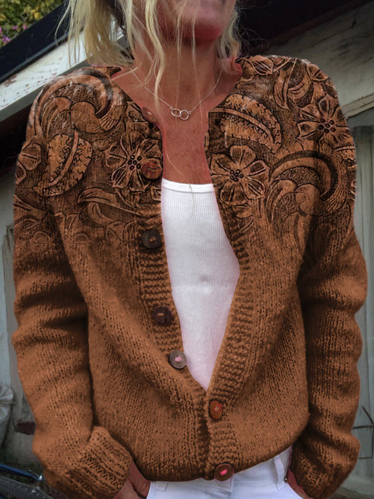 Retro Leather Embossing Pattern Print Buttoned Cardigan Sweater