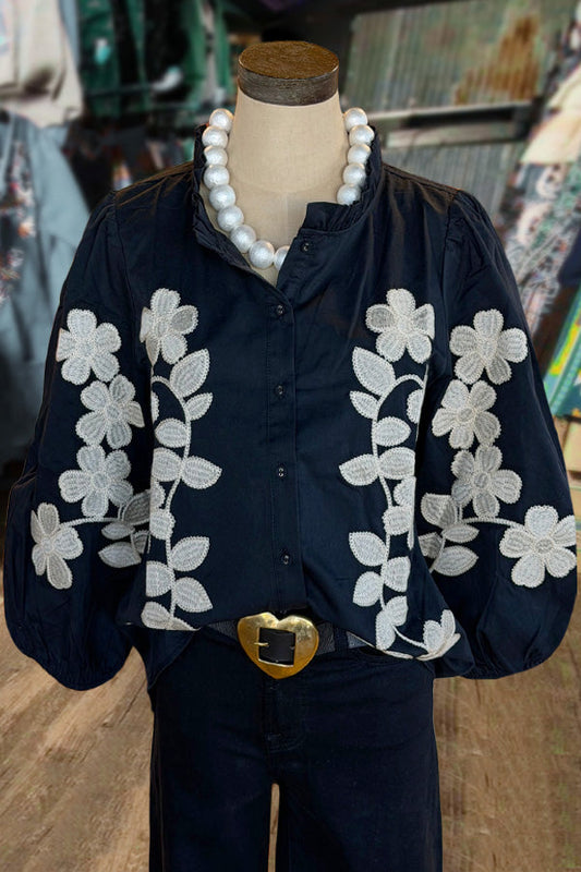 Elegant Flower Embroidered Button Up Puff Sleeve Top