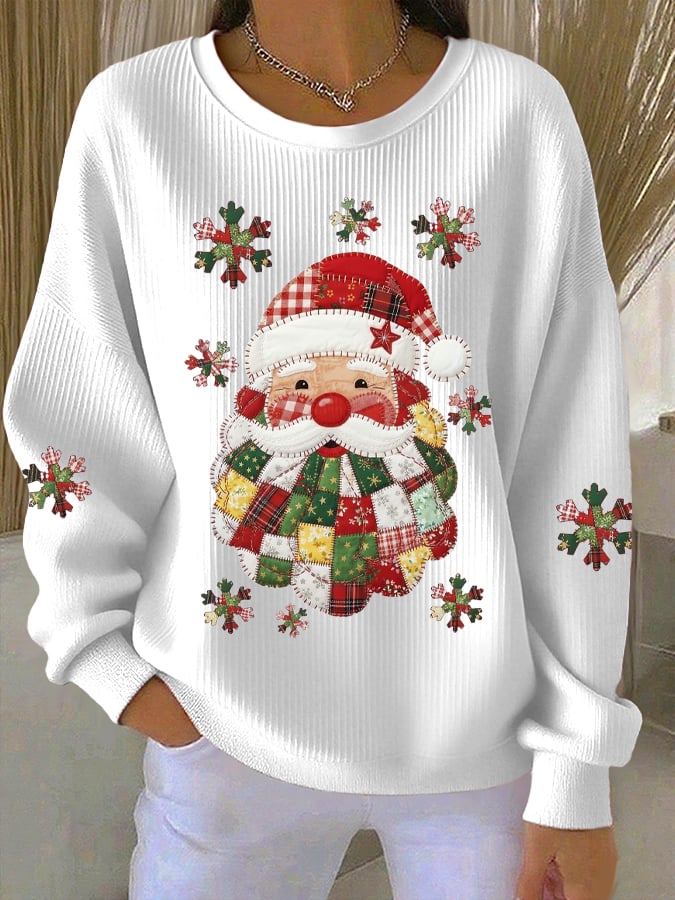 Women's Santa Claus Print Knitted Crew Neck Long Sleeve Top