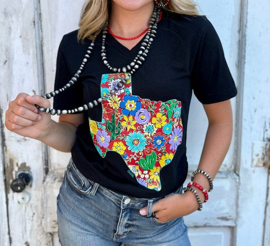 Barbara F's V-Neck Floral Texas Tee by Texas True Threads