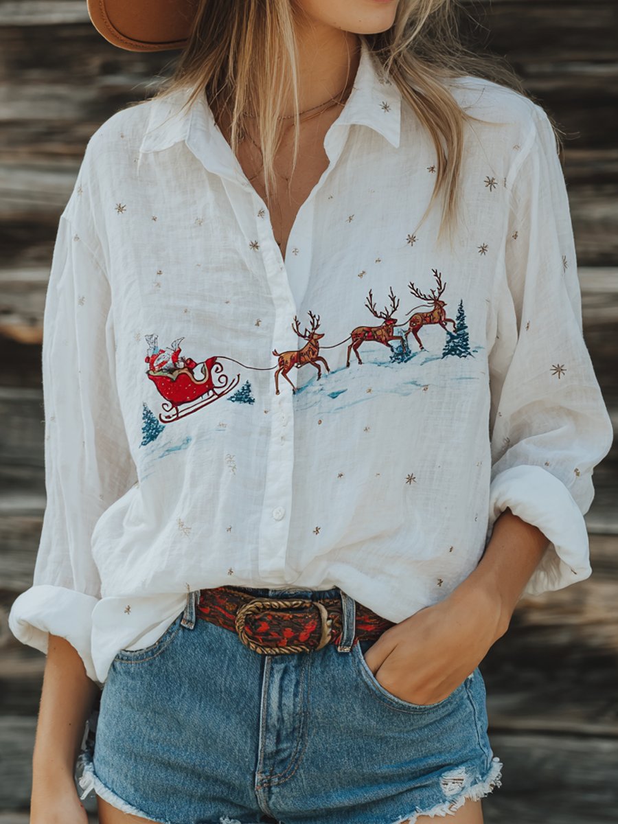 Women's Vintage Christmas Sleigh Elk Snowflake Print Western Long Sleeve Shirt