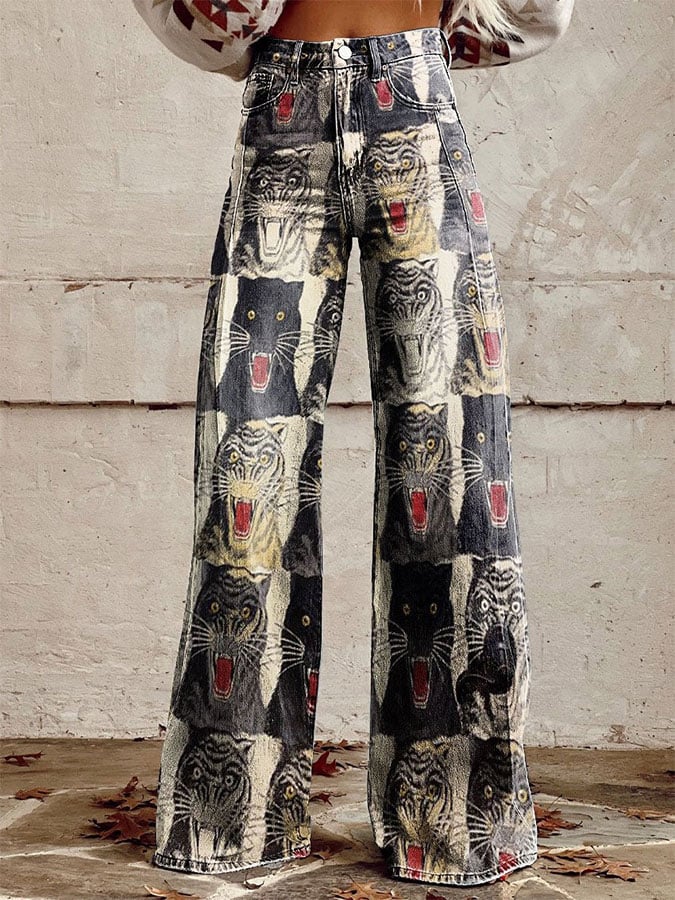 Women's Retro Cat Print Casual Wide Leg Pants