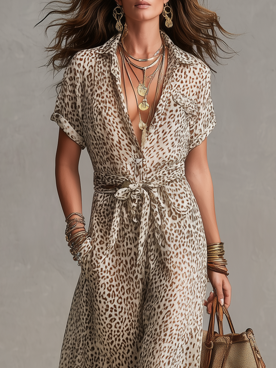 Retro Vacation Leopard Print Belted Dress