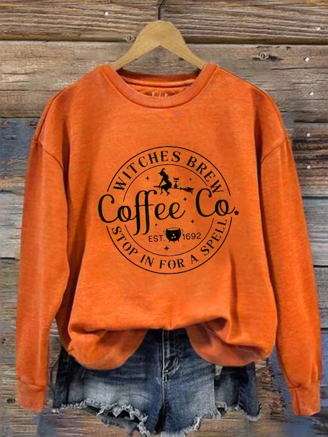 Women's Halloween Funny Coffee Co Witches Brew Prnted Sweatshirt