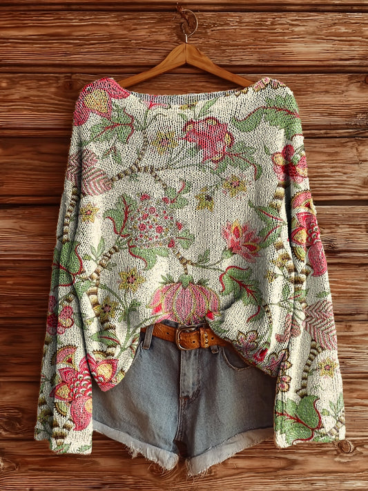 Women's Vintage Ethnic Floral Art Print Casual Pullover Sweater