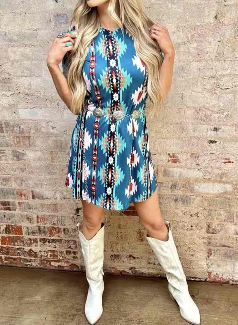 Aztec Print Short Sleeve Dress