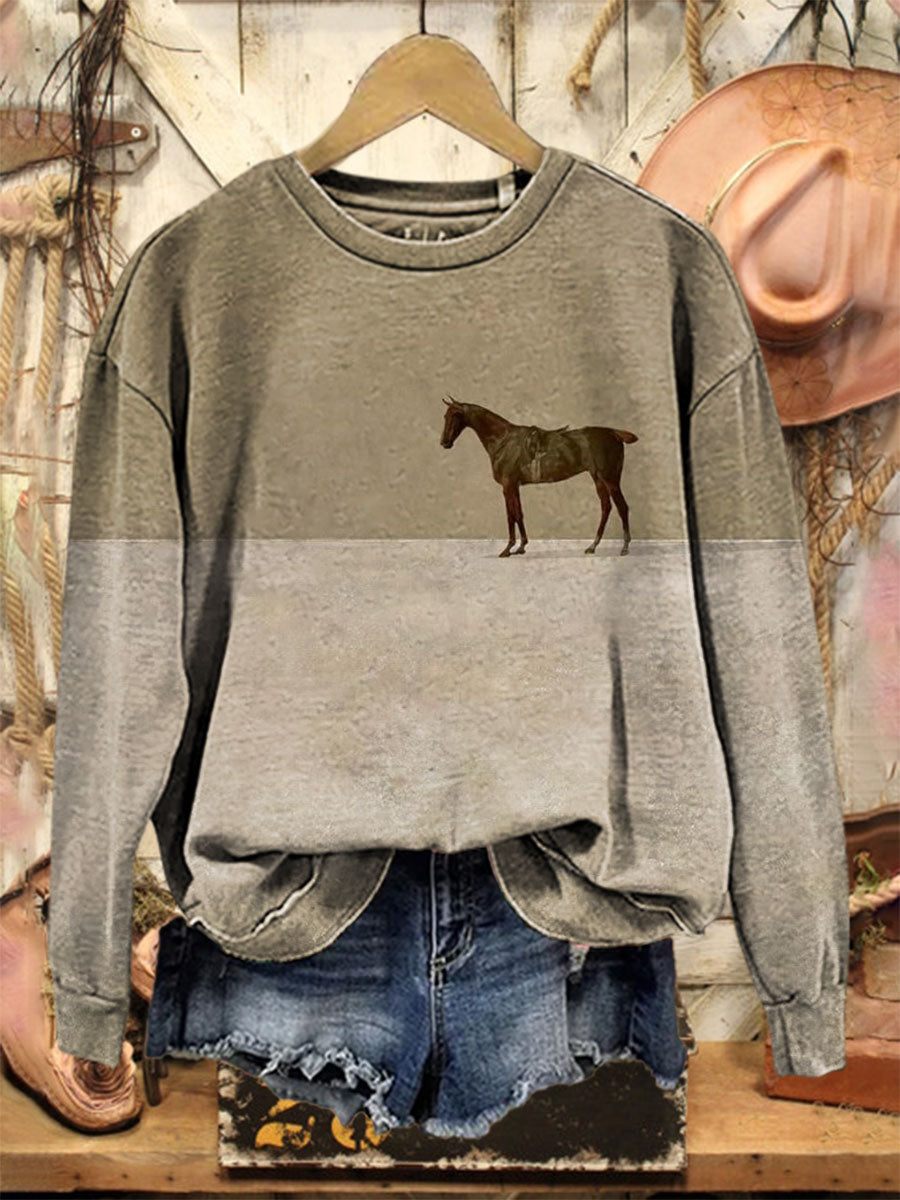 Vintage Horse Art Print Casual Cotton Sweatshirt